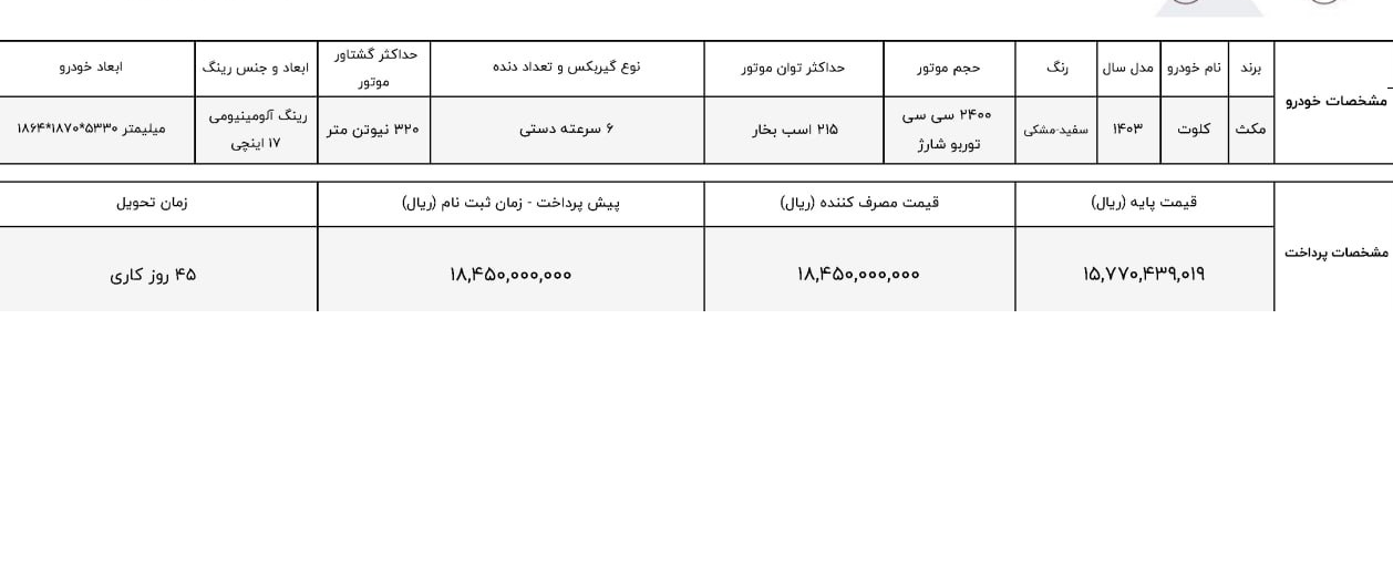	 طرح فروش پیکاپ کلوت دنده ای مکث موتور