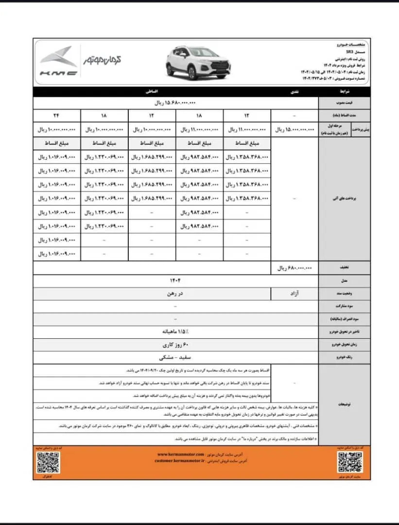 شرایط فروش کی ام سی SR3 در مرداد 1404