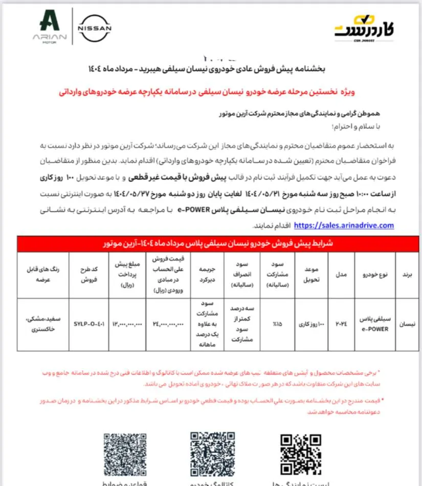پیش فروش نیسان سیلفی- مرداد 1404