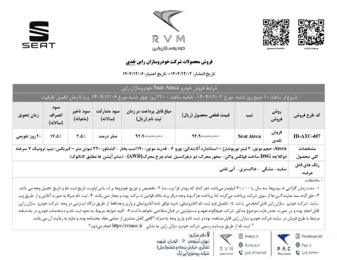 شرایط فروش نقدی سئات آتکا؛ افزایش ۴.۱ میلیاردی قیمت در بهمن ۱۴۰۴ شرایط فروش نقدی سئات آتکا؛ افزایش ۴.۱ میلیاردی قیمت در بهمن ۱۴۰۴